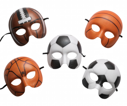 Intriguing Array of Sports Ball Masks Suspended Against a Deep, Enhancing Thematic Representation and Artistic Expression with an Amusing twist
