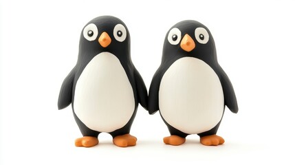 Naklejka premium Two adorable cartoon penguins holding hands against a white background.