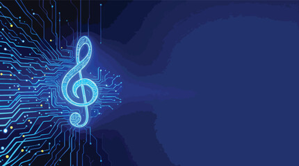 Digital music concept represented by glowing treble clef on a circuit board background.