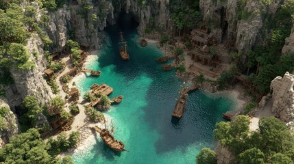 Naklejka premium Enchanted Pirate Cove Surrounded by High Cliffs and Lush Trees