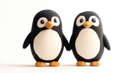 Obraz premium Two adorable clay penguins holding hands against a white background.