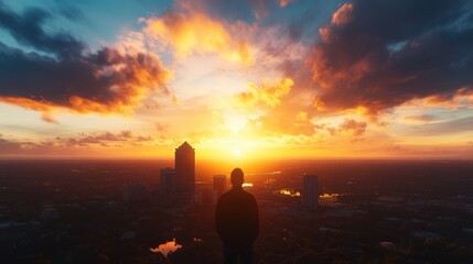Fototapeta premium Stunning city skyline at sunset with a person overlooking the vibrant and colorful urban landscape