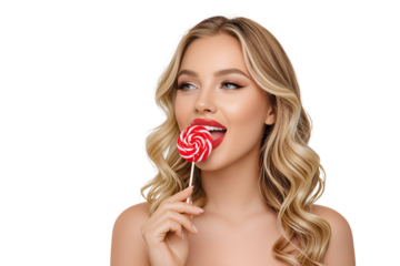 Sexy seductive blonde woman licking red lollipop transparent PNG isolated background. Seduction, teasing, flirting, candy, sweet summer vibes