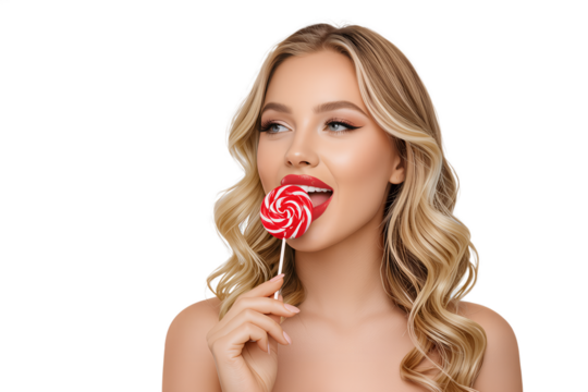Sexy seductive blonde woman licking red lollipop transparent PNG isolated background. Seduction, teasing, flirting, candy, sweet summer vibes