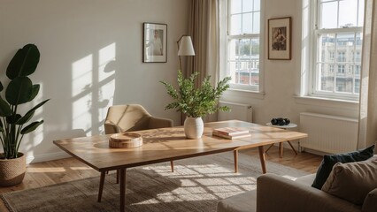 Living room setup featuring a table in a compact modern flat