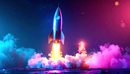 Obraz premium A vibrant rocket launches into space, surrounded by colorful smoke and lights, creating a dynamic and futuristic atmosphere.
