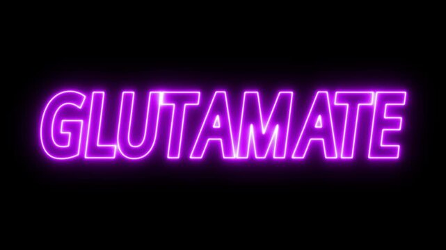 Flickering neon purple glowing Glutamate sign animated black background. neon glutamate text animation