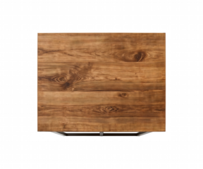 Overhead shot of a rustic wooden plank table with visible grain texture, mounted on a metallic frame against a plain setting