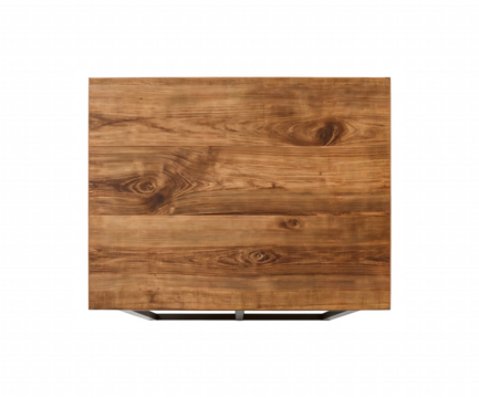 Overhead shot of a rustic wooden plank table with visible grain texture, mounted on a metallic frame against a plain setting