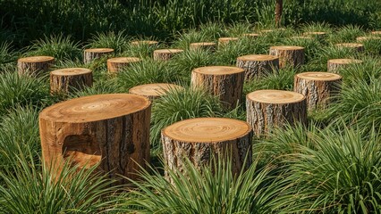 Exterior yard features benches made from felled logs surrounded by axonopus compressus turf.
