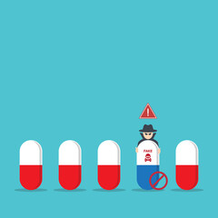 Fake medicine. Pill and tablet with criminal selling illegal drugs. Fake drugs, pharmaceutical....