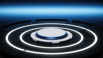 Fototapeta premium Blue gradient background with technological booth, high-end simplicity design and white aperture, ideal for digital ads, web UI, exhibition posters, or tech-themed templates.
