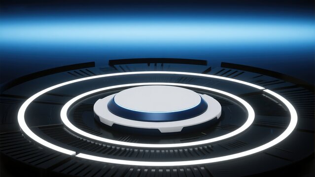 Blue gradient background with technological booth, high-end simplicity design and white aperture, ideal for digital ads, web UI, exhibition posters, or tech-themed templates.