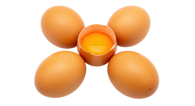 Isolated Five Brown Eggs with one Open
