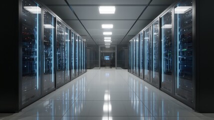 High-Tech Server Room with Biometric Security Features and Lighting