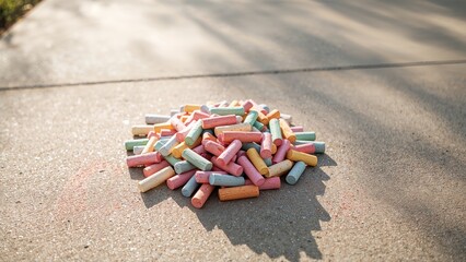 Stack of sidewalk chalk illuminated by sunlight