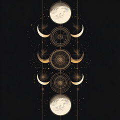 Mystical moon phase illustrations with geometric elements in dark, celestial designs. Perfect for astrology art, lunar rituals, boho decor, tarot themes, and spiritual wall prints.
