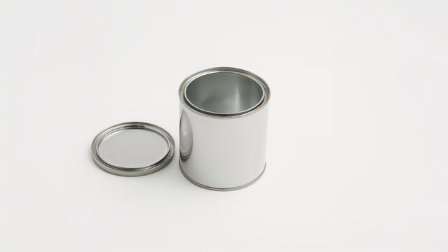 Opened silver paint can with white backdrop