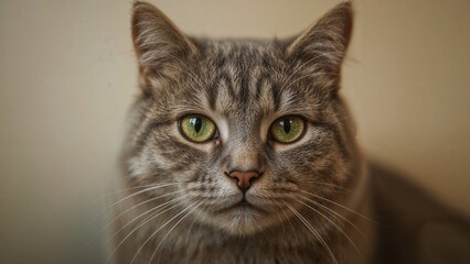 Selective focus on a cat's bright green eyes