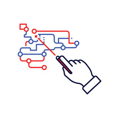 A hand with a laser pointer navigates a complex digital circuit diagram. Conceptual illustration of technological strategy and innovation.