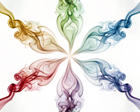 Colorful smoke swirls in a symmetrical pattern on a transparent background. The design features vibrant hues of red, orange, yellow, green, blue, and purple.