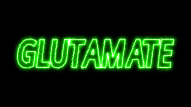 Flickering neon green glowing Glutamate sign animated black background. neon glutamate text animation