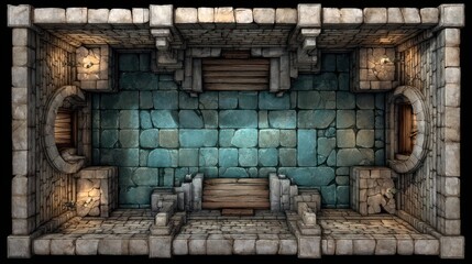 Detailed Overview of a Dungeon Room with Stone Tiles and Lighting