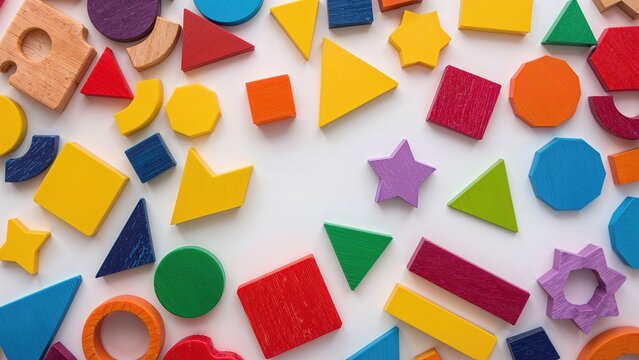 A collection of multicolored geometric wooden blocks displayed on a white background.