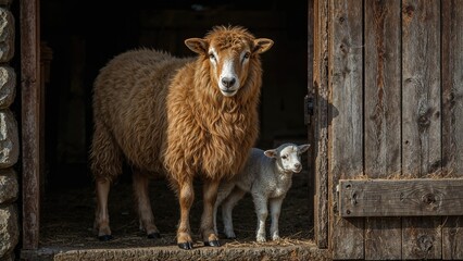Motherly ewe exhibiting protective traits at the barn gate
