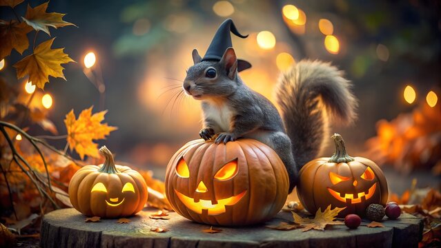 A cute squirrel wearing a witch hat sits on a carved pumpkin with two other jackolanterns and autumn leaves in a forest setting for halloween - Powered by Adobe