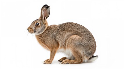 Fototapeta premium Profile of a vigilant brown hare, Lepus europaeus, seated and gazing away against a white backdrop