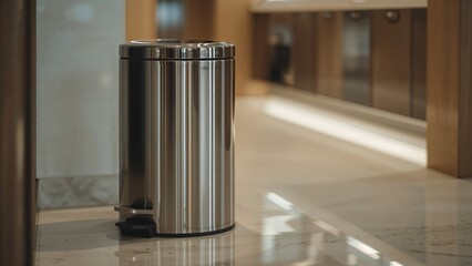 Reflective steel foot-pedal trash container resting on bathroom floor