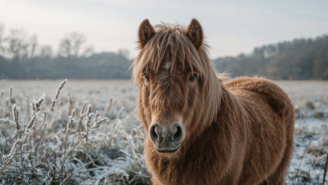 Fluffy brown horse standing in a frost-covered meadow facing forward - Powered by Adobe