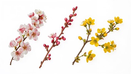 White background showcasing a variety of spring blossoms including apple flowers, cherry twigs, and forsythia