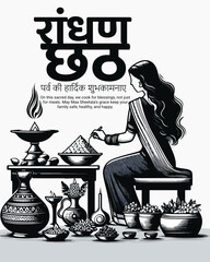 Randhan Chhath Festival Illustration – Traditional Gujarati Cooking Ritual Celebration