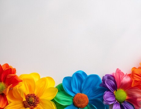  Rainbow flowers on white background with copy space. Generated image