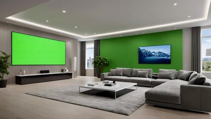 a living room with a large green-screen TV