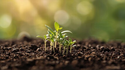 Fototapeta premium Green shoots rising from soil in the glow of sunlight, advocating for tree planting to help reduce global warming.