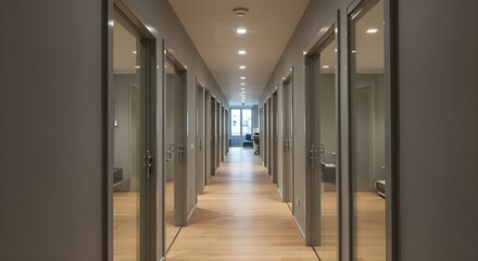 A hallway with glass doors isolated on white background.