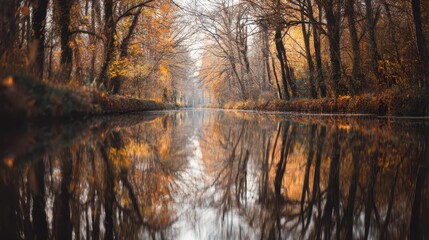Obraz premium Tranquil Autumn Reflections of Trees on Canal Surface at Dusk