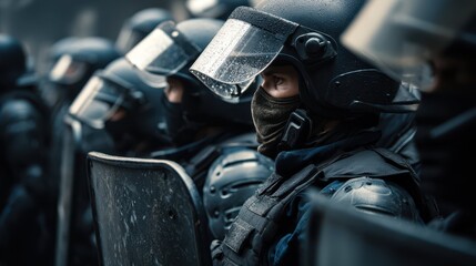 Police Officers in Formation with Shields During Riot Control Situation