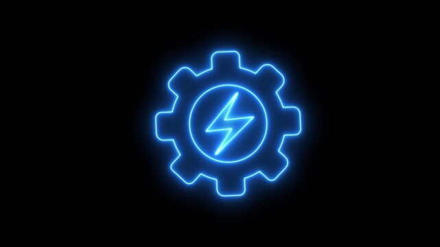 Neon glow volt icon inside spinning gear animation representing energy, electricity, power generation, and futuristic technology in dynamic motion.