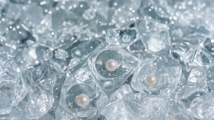 Tiny pearls and trapped air bubbles encased in ice, abstract natural design with white icy textures