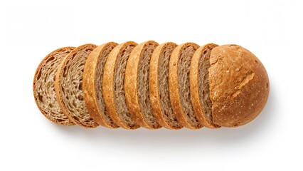 Sliced whole wheat bread displayed on a white surface