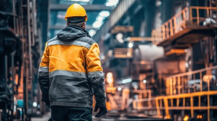 Industrial Worker in Safety Gear Inside an Active Steel Factory