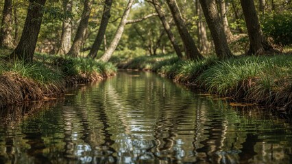 A narrow stream mirroring the surrounding woodland, showcasing spring's green hues in a natural park setting with stones and autumn tones