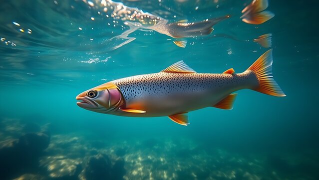 A trout swims gracefully in a clear stream, sunlight refracting through the water in cool blue tones.