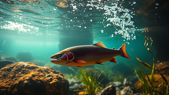 Rainbow trout swimming near river rocks in clear water, with sunlight reflecting through the surface.