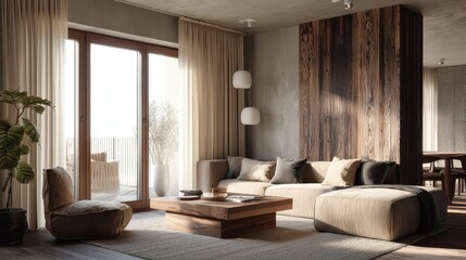 Serene Scandinavian Interior with Wood Textures and Calming Tones