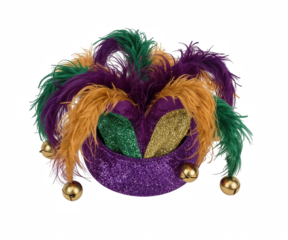 Striking High-Resolution Stock Photo, A Vibrant Mardi Gras Jester Hat Adorned with Feathers and Bells